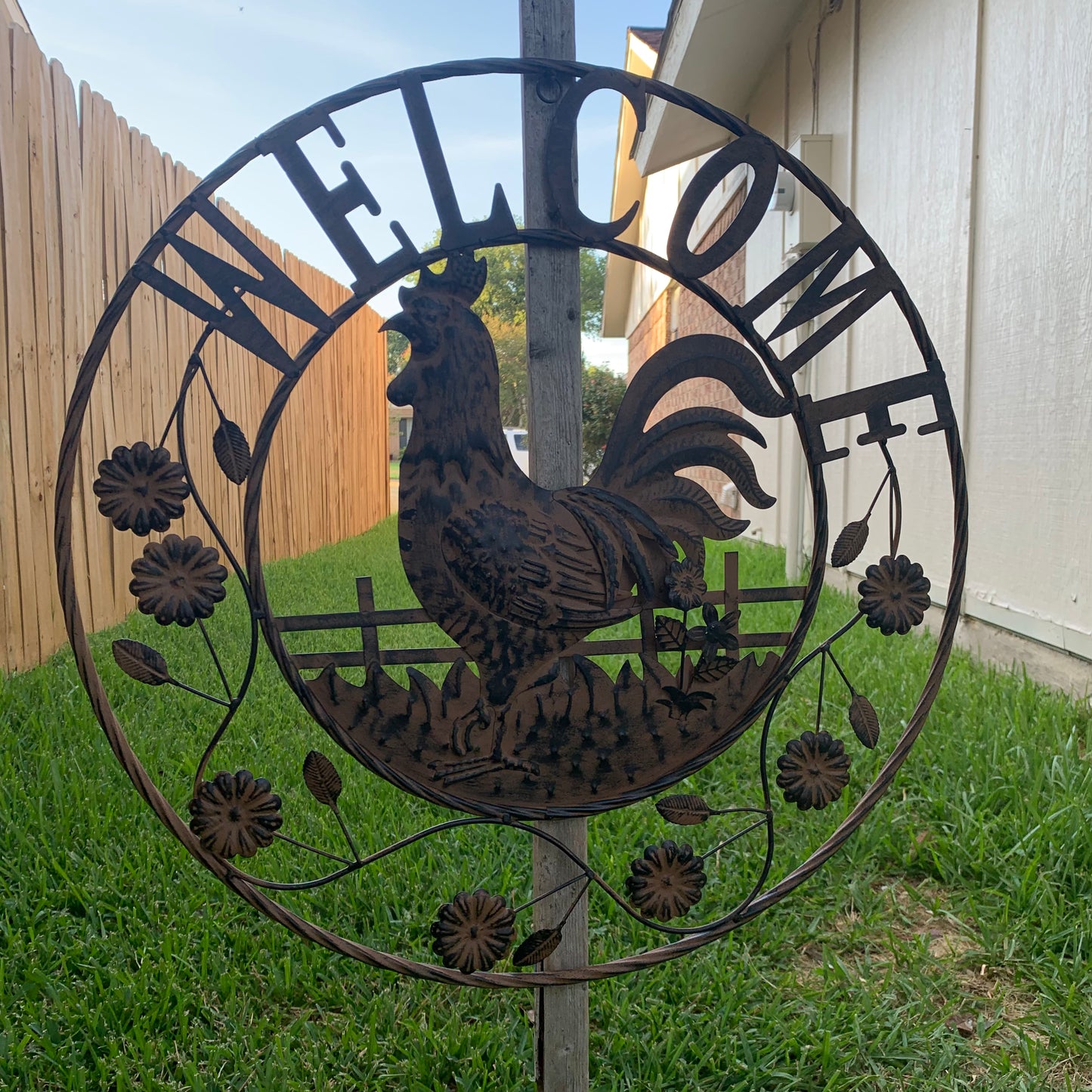 #EH11437 ROOSTER WELCOME 24" SCROLL ART METAL SIGN WESTERN HOME DECOR NEW