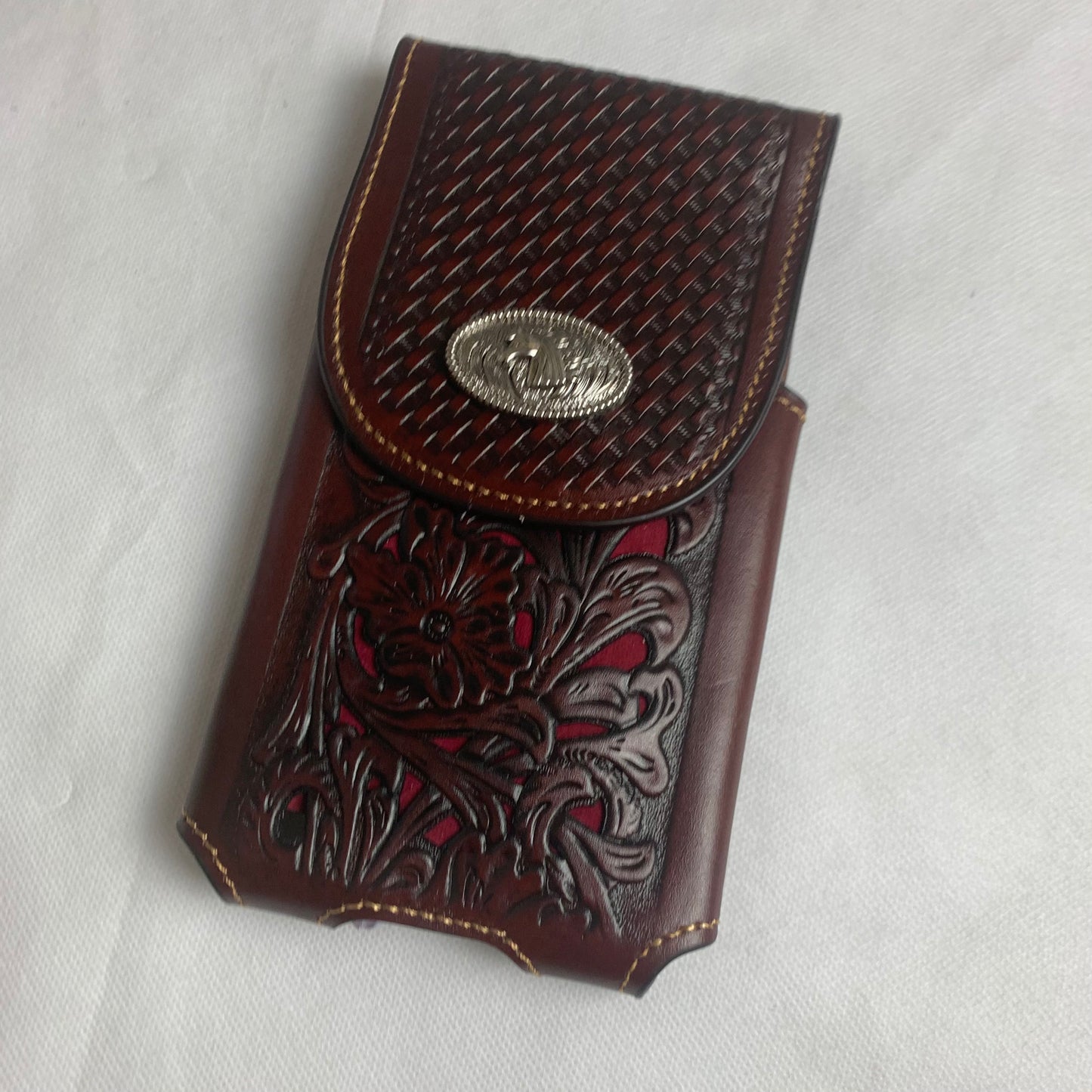 #LG2004  7.5" HORSE COFFEE BROWN & RED LEATHER POUCH EXTRA LARGE  BELT LOOP HOLSTER CELL PHONE CASE UNIVERSAL OVERSIZE