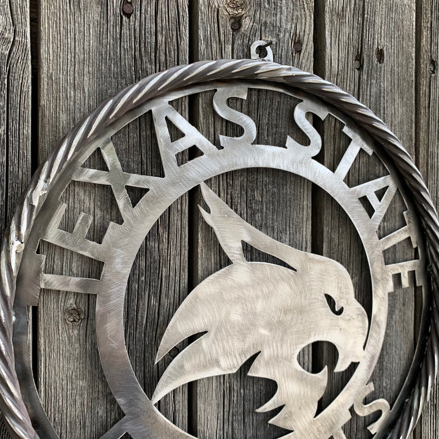 12" TEXAS STATE BOBCATS CUSTOM RAW METAL VINTAGE CRAFT SIGN TEAM ART HANDMADE IN TEXAS