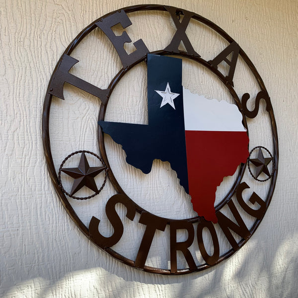 TEXAS STRONG SIGN METAL WALL ART WESTERN HOME DECOR RED WHITE BLUE WITH BRONZE RING HANDMADE #EH13212