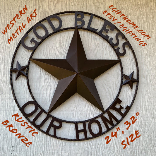 GOD BLESS OUR HOME BARN METAL STAR TWISTED ROPE RING WESTERN HOME DECOR RUSTIC BRONZE HANDMADE NEW #EH11021