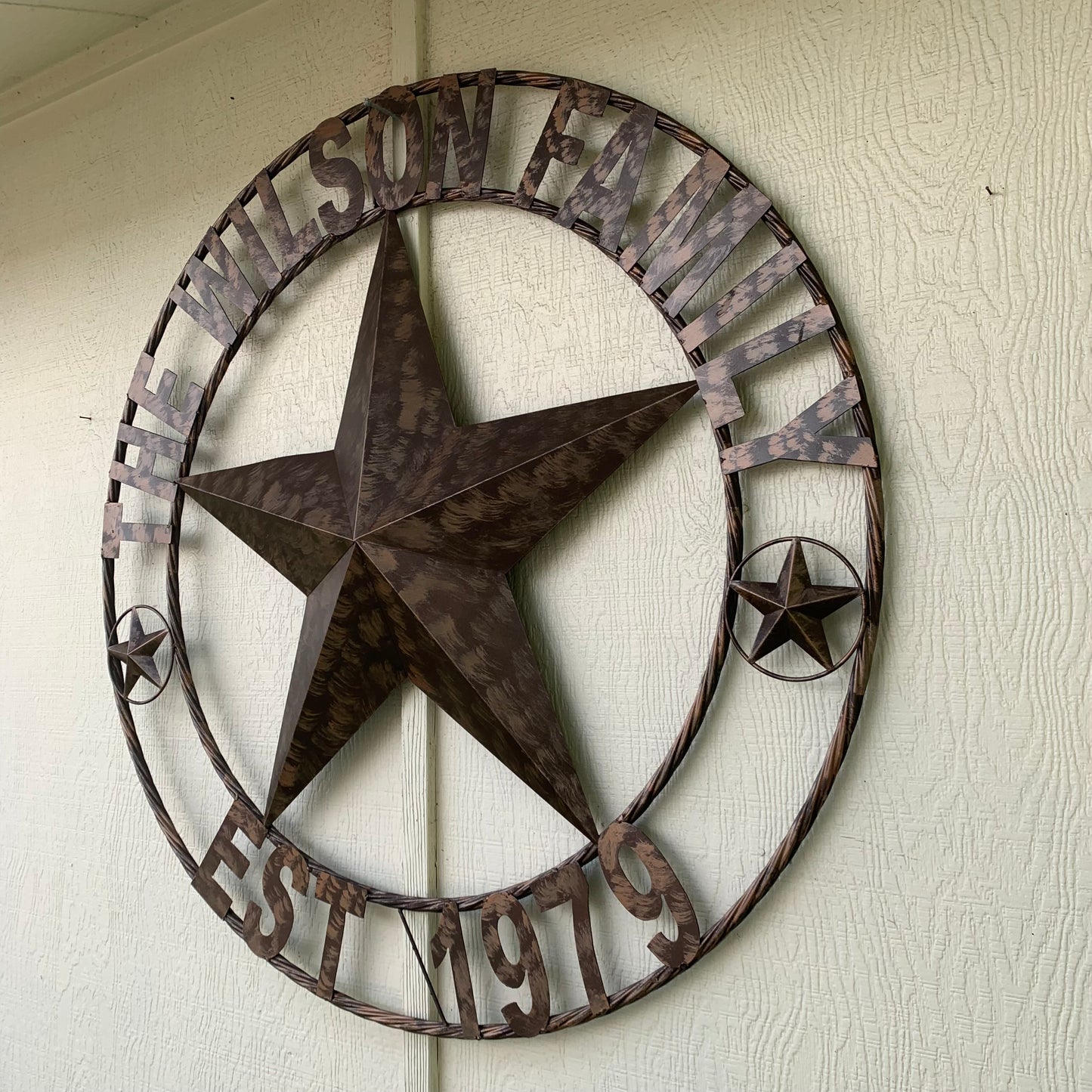COLOMINA STYLE YOUR CUSTOM NAME BARN STAR BRONZE BRUSH COPPER METAL STAR 3d TWISTED ROPE RING COLOMINA WESTERN HOME DECOR RUSTIC VINTAGE HANDMADE 24",32",36",40",42",44",46",50"