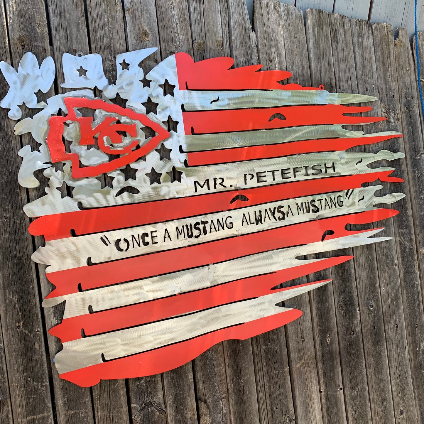 CUSTOM NAME KANSAS CITY CHIEFS METAL TATTERED FLAG CUSTOM VINTAGE CRAFT WALL ART HANDMADE