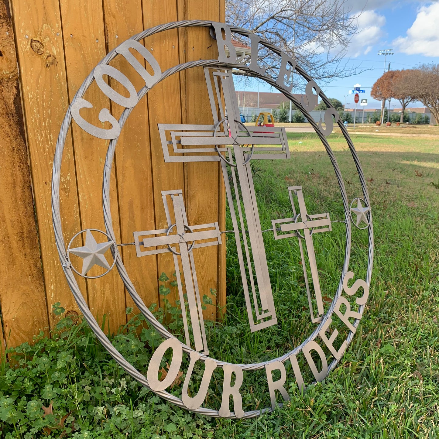 40"GOD BLESS OUR RIDERS CRUCIFIX GREY CROSS METAL WALL ART HANDMADE