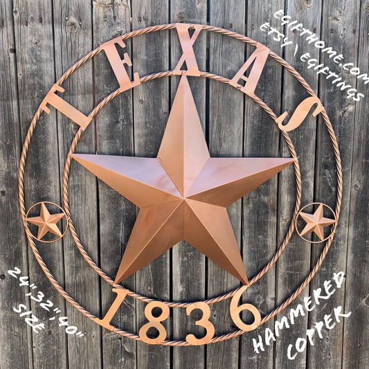 24", 32",36",40" TEXAS 1836 HAMMERED COPPER  BARN STAR METAL WALL WESTERN HOME DECOR HANDMADE NEW