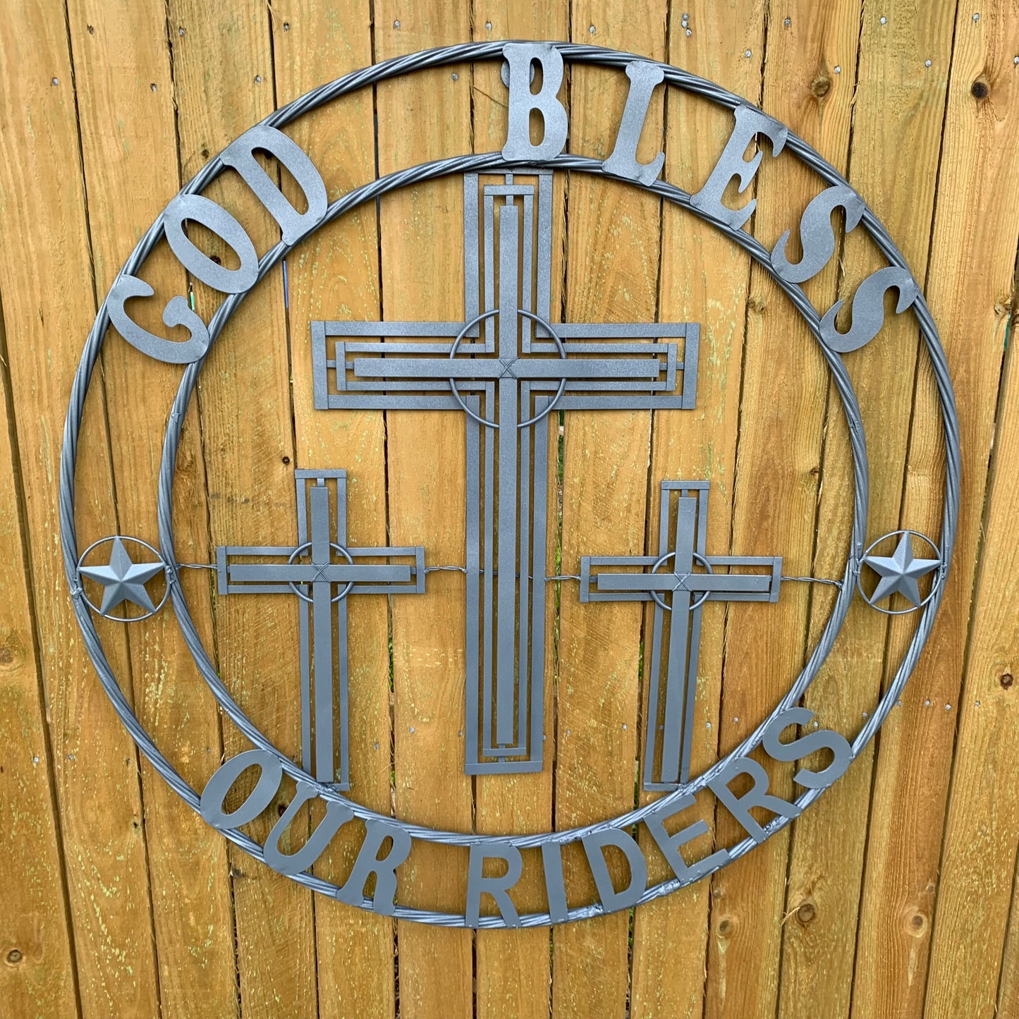 40"GOD BLESS OUR RIDERS CRUCIFIX GREY CROSS METAL WALL ART HANDMADE