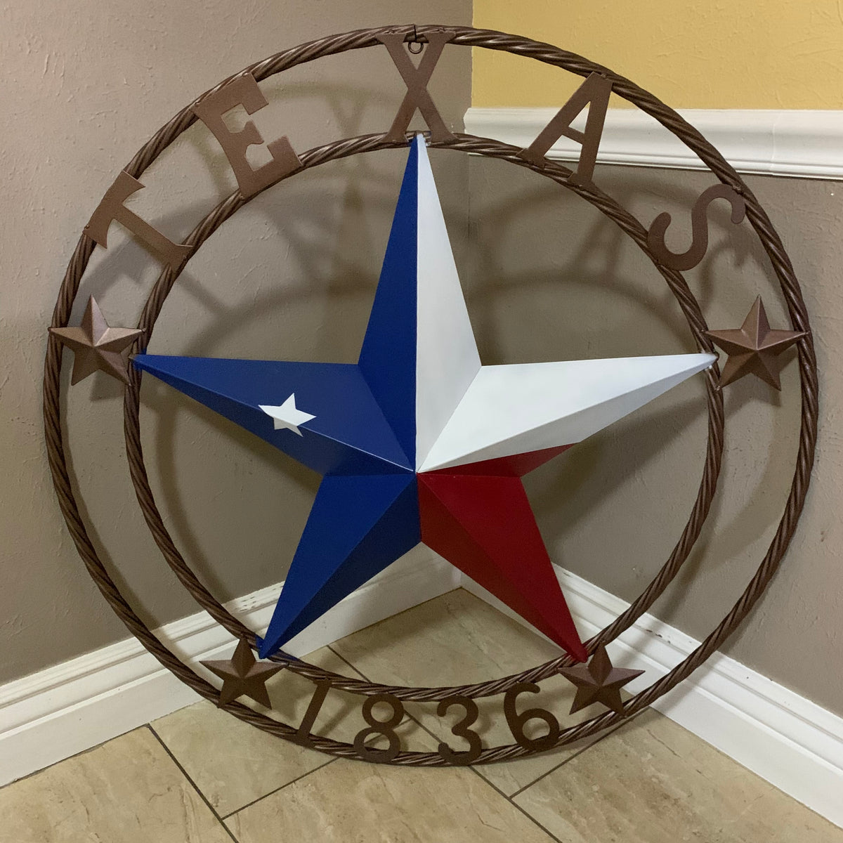 TEXAS 1836  FLAG STAR RED WHITE BLUE BARN STAR TWISTED ROPE RING BRONZE WESTERN HOME DECOR  #EH10958