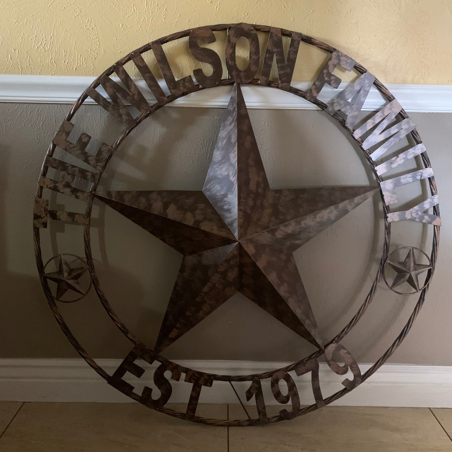 COLOMINA STYLE YOUR CUSTOM NAME BARN STAR BRONZE BRUSH COPPER METAL STAR 3d TWISTED ROPE RING COLOMINA WESTERN HOME DECOR RUSTIC VINTAGE HANDMADE 24",32",36",40",42",44",46",50"