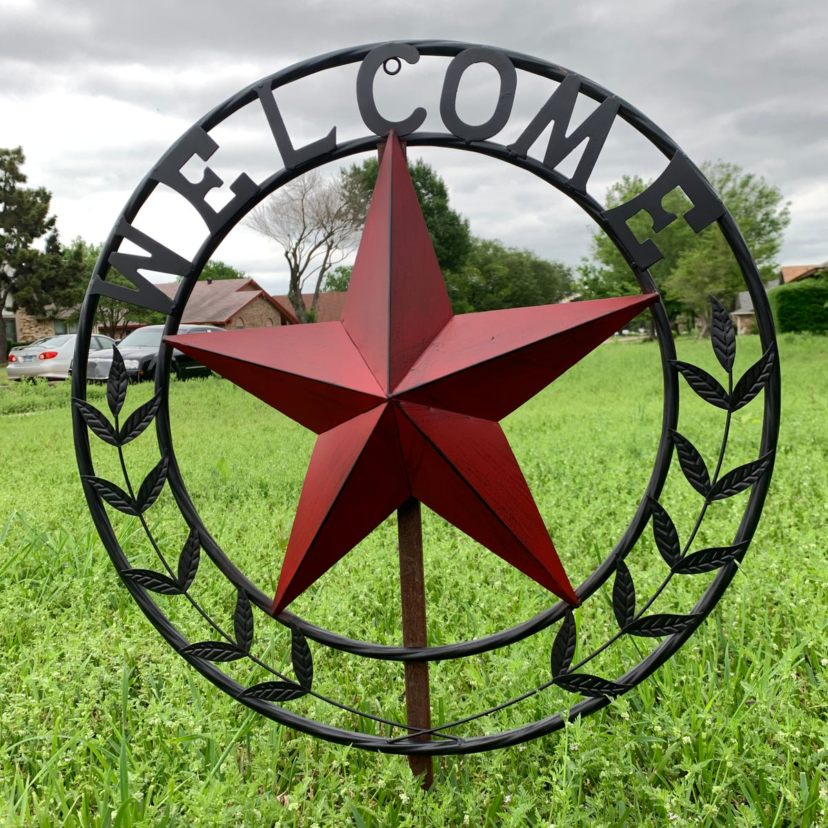 24" WELCOME LEAF LEAVES STAR METAL WALL ART WESTERN HOME DECOR RUSTIC RED HANDMADE