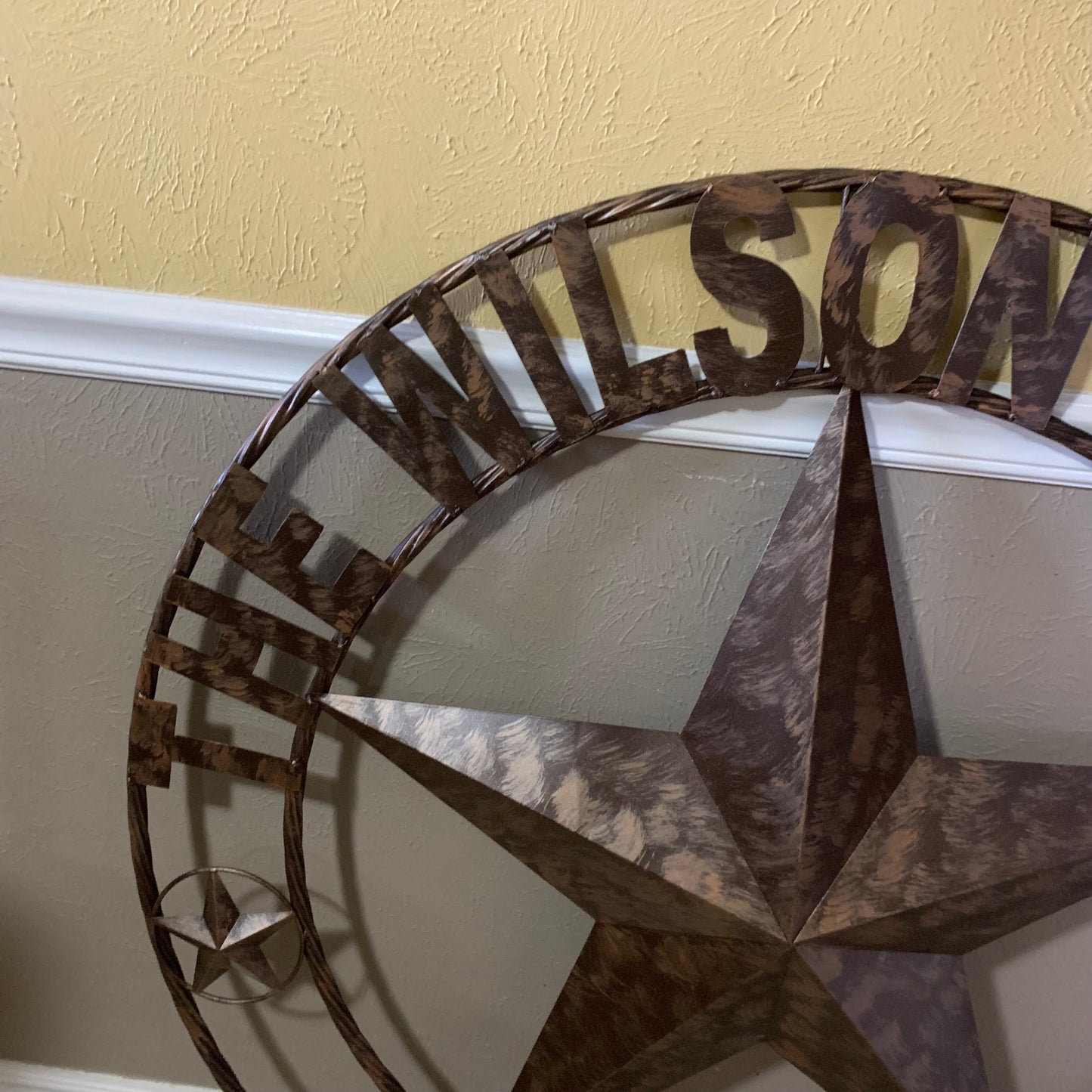 COLOMINA STYLE YOUR CUSTOM NAME BARN STAR BRONZE BRUSH COPPER METAL STAR 3d TWISTED ROPE RING COLOMINA WESTERN HOME DECOR RUSTIC VINTAGE HANDMADE 24",32",36",40",42",44",46",50"