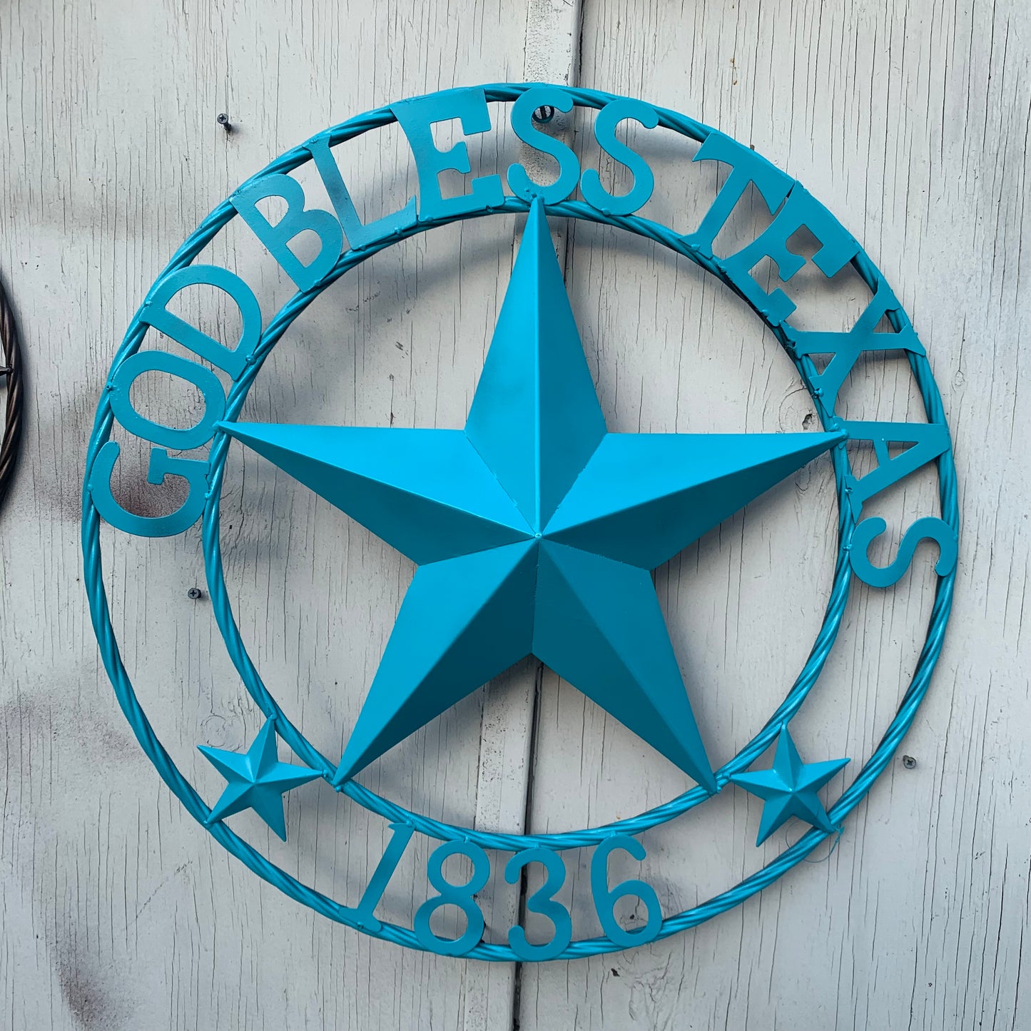 GOD BLESS TEXAS 1836 BARN METAL STAR TWISTED ROPE RING WESTERN HOME DECOR RUSTIC TURQUOISE SEASIDE NEW 24",32",36"