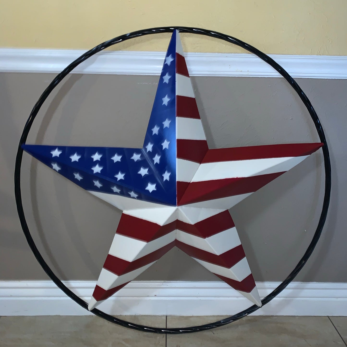 AMERICAN Flag USA Metal Barn Star RED WHITE & BLUE with Black Rope Ring Western Home Decor Handmade 12",16",24",30",34",36",40",48"