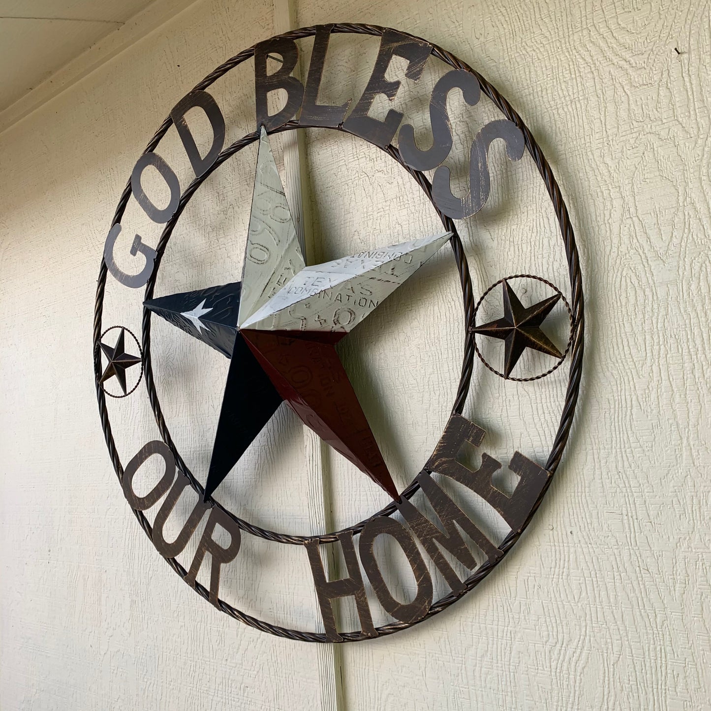 GOD BLESS OUR HOME LICENSE PLATE BARN METAL STAR ROPE RING WALL ART WESTERN HOME DECOR RED WHITE BLUE HANDMADE #EH12927