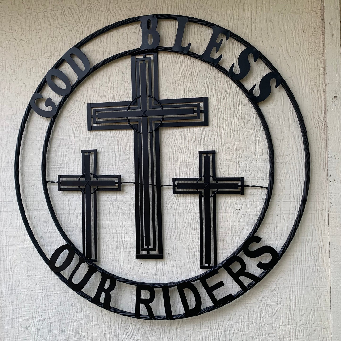 40"GOD BLESS OUR RIDERS CRUCIFIX BLACK CROSS METAL WALL ART HANDMADE