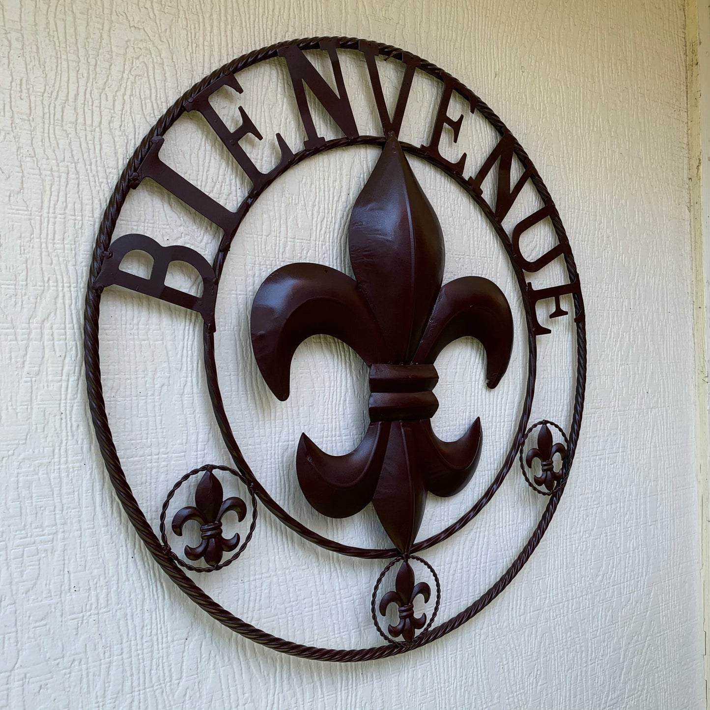 BIENVENUE FLEUR DE LIS GLOSSY BROWN METAL WALL ART WESTERN HOME DECOR NEW #EH10183
