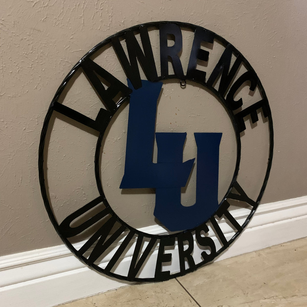 LAWRENCE UNIVERSITY METAL CUSTOM VINTAGE CRAFT WALL ART RUSTIC BLUE & BLACK TEAM SIGN HANDMADE