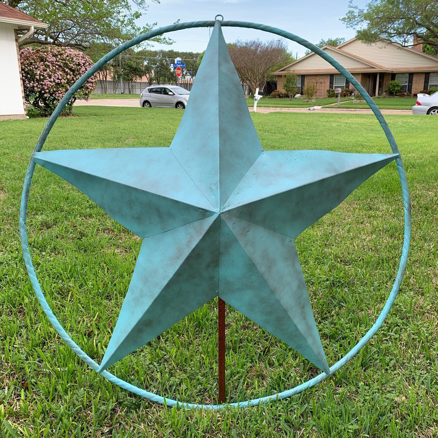 #EH10485 TURQUOISE DISTRESSED TWO TONE BARN STAR METAL LONESTAR TWISTED ROPE RING WETSERN HOME DECOR HANDMADE NEW