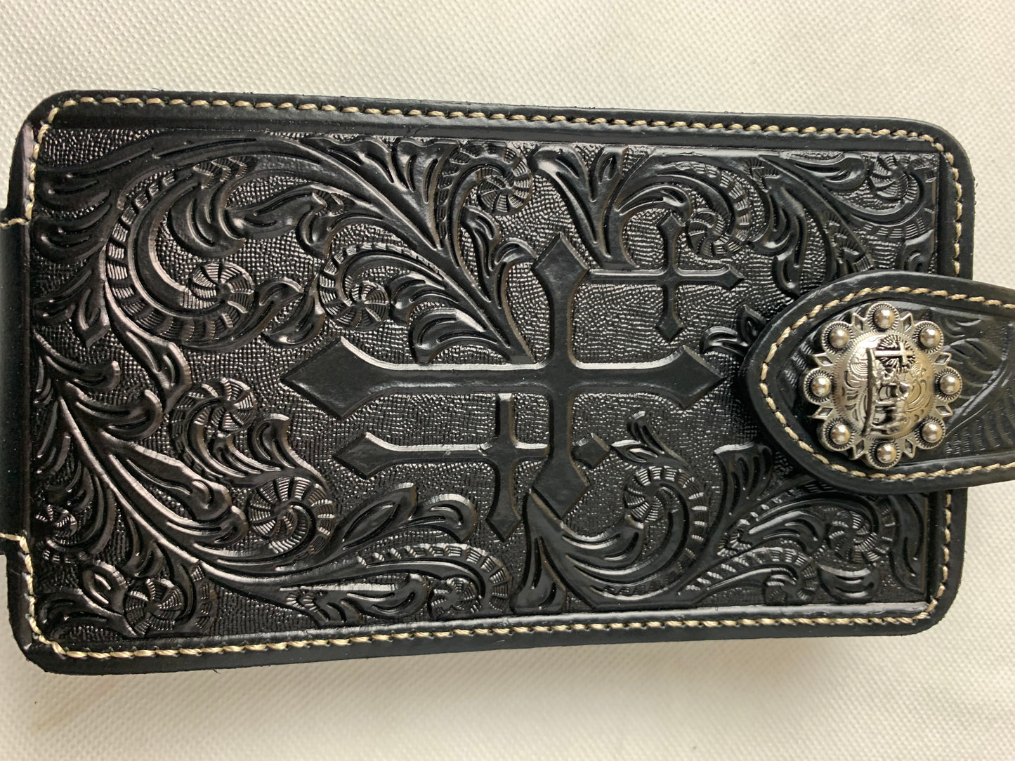 #WS341D 7" COWBOY PRAYER CROSS HOLSTER BLACK LEATHER POUCH EXTRA LARGE  BELT LOOP CELL PHONE CASE UNIVERSAL OVERSIZE--FREE SHIPPING