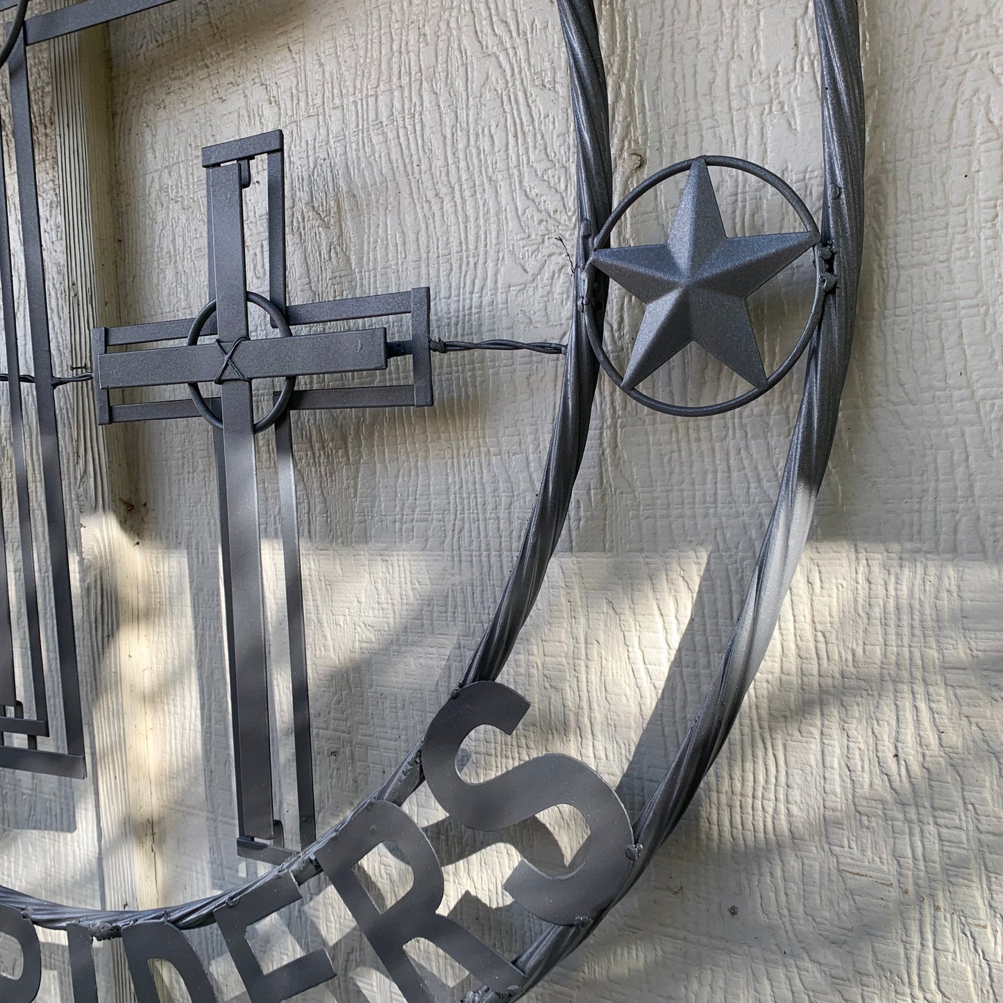 40"GOD BLESS OUR RIDERS CRUCIFIX GREY CROSS METAL WALL ART HANDMADE