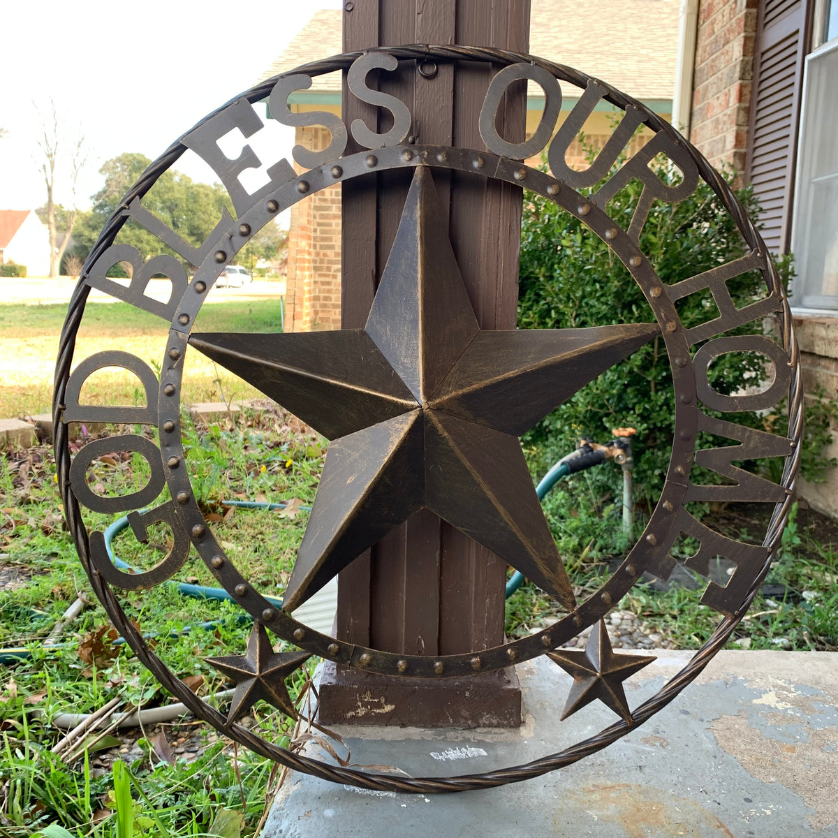 24" GOD BLESS OUR HOME BEADED STAR COLIBROX METAL TWISTED ROPE RING LONE STAR WALL ART WESTERN HOME DECOR RUSTIC DARK BRONZE COPPER HANDMADE NEW