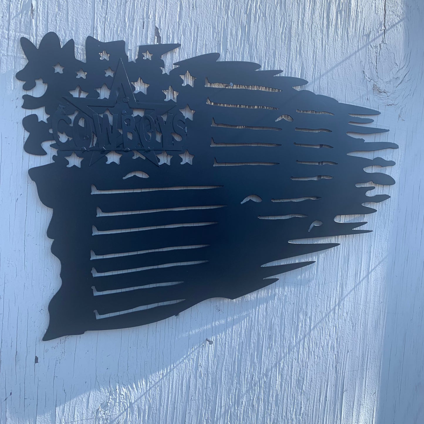 TATTERED DALLAS COWBOYS FLAG BLACK METAL LASERCUT HANDMADE WESTERN HOME DECOR HANDMADE