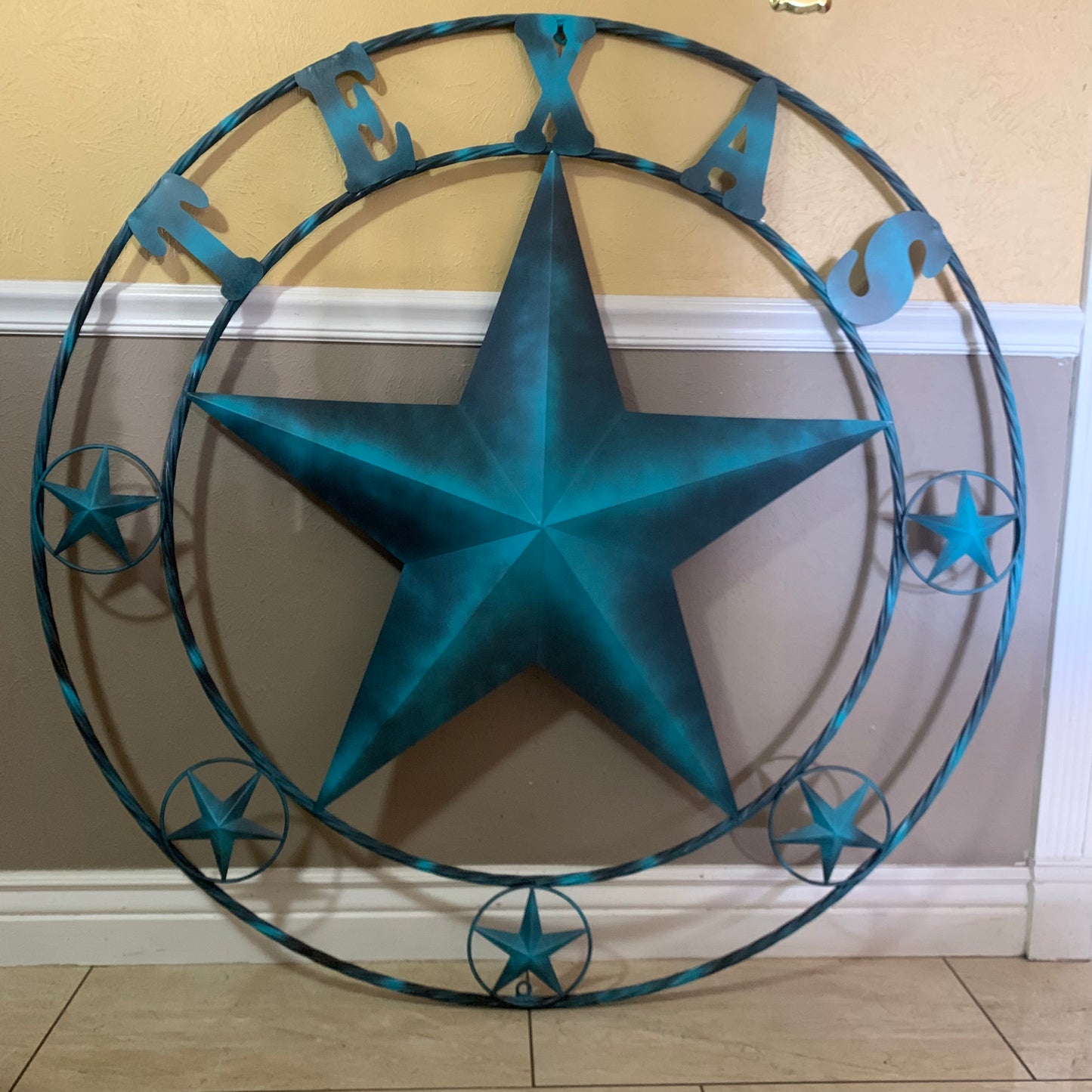 TEXAS LONESTAR TURQUOISE DISTRESSED TWO TONE METAL BARN STAR TWISTED ROPE RING WALL ART WESTERN HOME DECOR HANDMADE NEW #EH10483