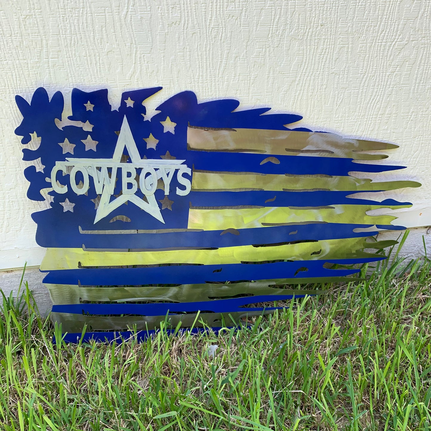 DALLAS COWBOYS METAL TATTERED FLAG BRIGHT BLUE & SILVER CUSTOM VINTAGE CRAFT TEAM SIGN HANDMADE