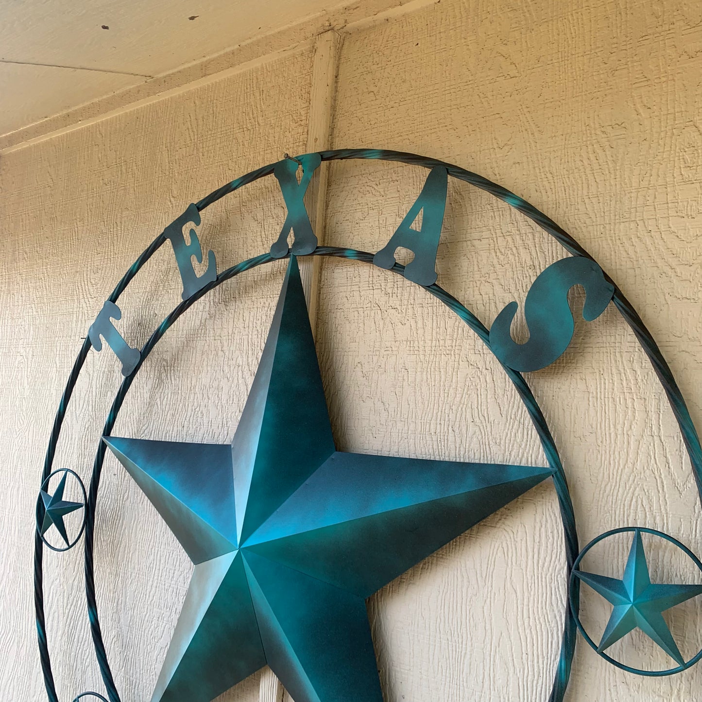 TEXAS LONESTAR TURQUOISE DISTRESSED TWO TONE METAL BARN STAR TWISTED ROPE RING WALL ART WESTERN HOME DECOR HANDMADE NEW #EH10483