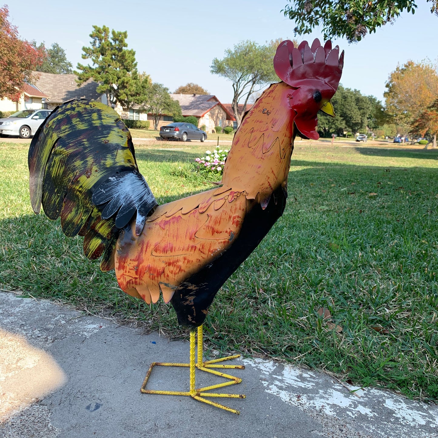 #34-025 RUSTIC ORANGE RED ROOSTER 18",30",40" GARDEN METAL ANIMAL SCULPTURE METAL DECOR ORNAMENT 16"L x 20" high
