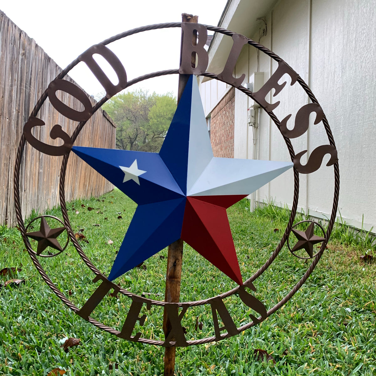 GOD BLESS TEXAS RED WHITE BLUE BARN METAL STAR BRONZE TWISTED ROPE RING WALL ART WESTERN HOME DECOR HANDMADE #EH11884