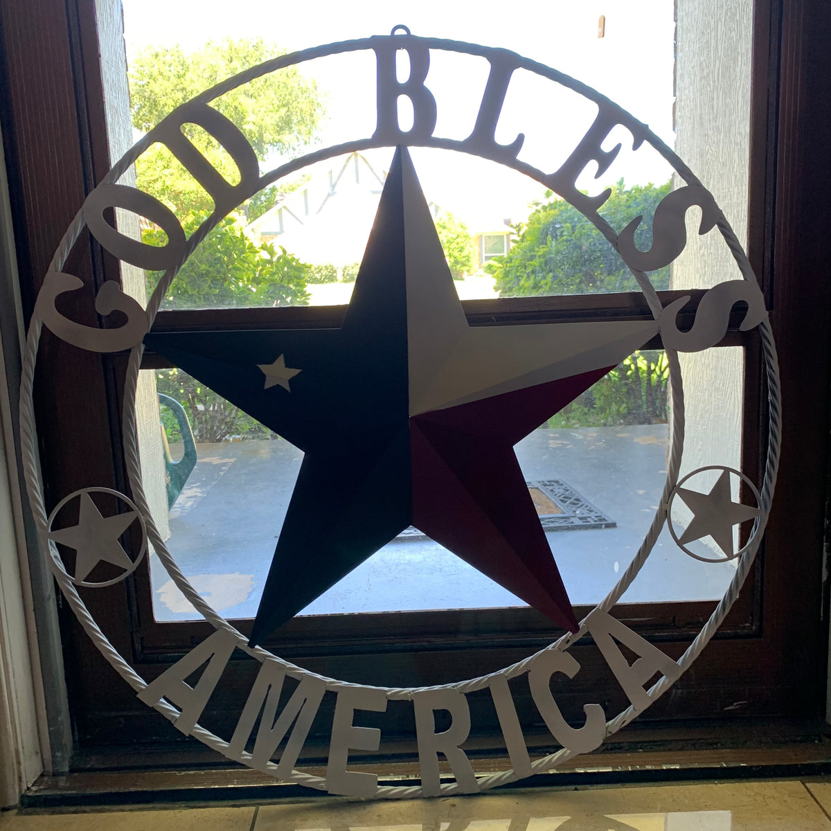 GOD BLESS AMERICA WHITE RING & RED WHITE BLUE BARN METAL STAR TWISTED RING HANDMADE NEW