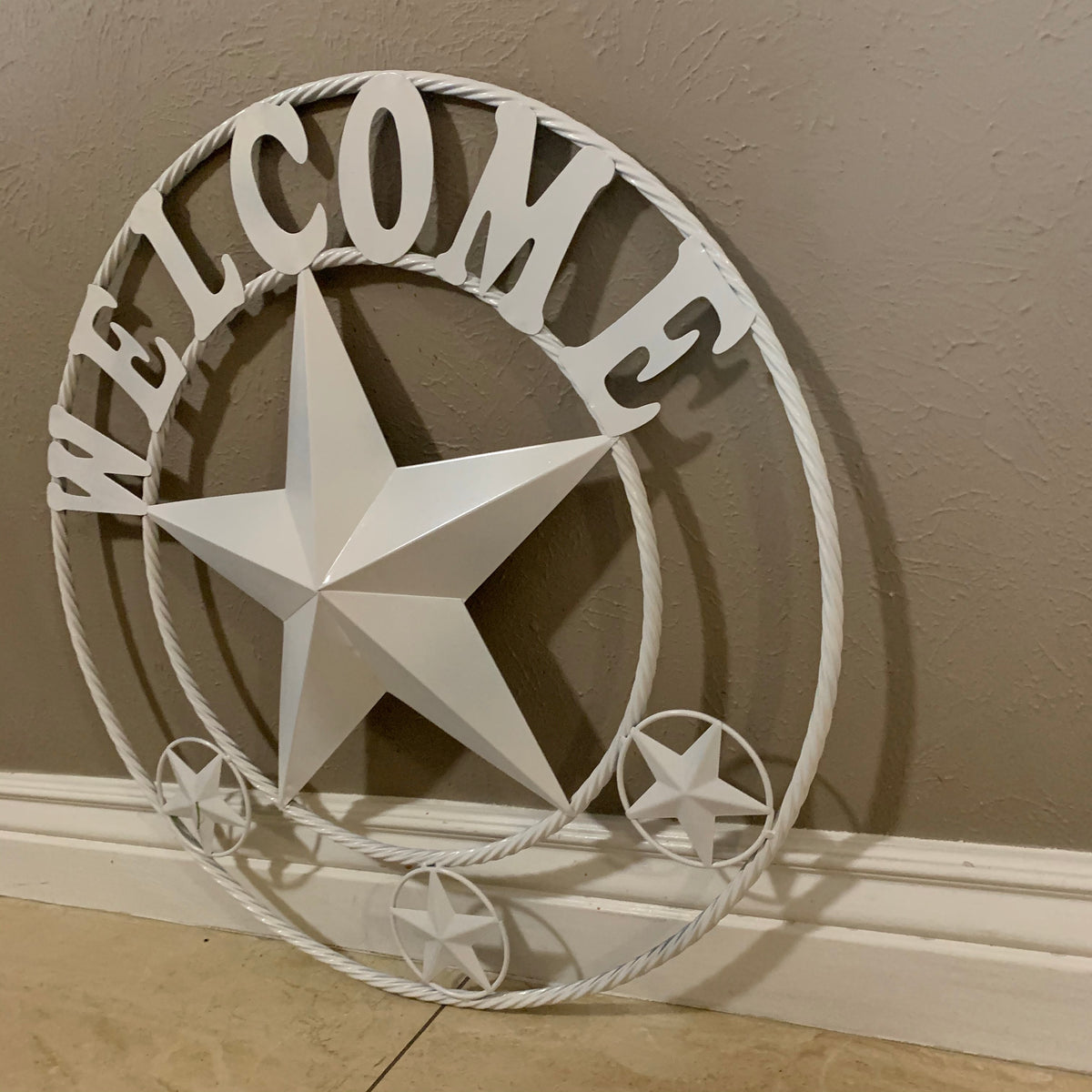 WELCOME WHITE STAR BARN STAR METALTWISTED ROPE RING LONESTAR WESTERN HOME DECOR HANDAMDE NEW 18",20",24",32",36",40",50"