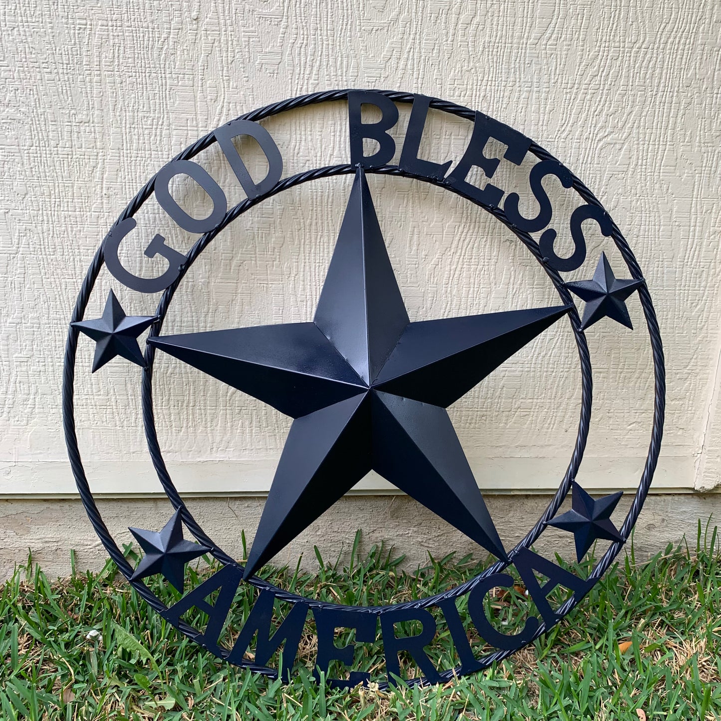 GOD BLESS AMERICA NAVY BLUE METAL BARN STAR RING ART WESTERN HOME DECOR NEW-#EH10131