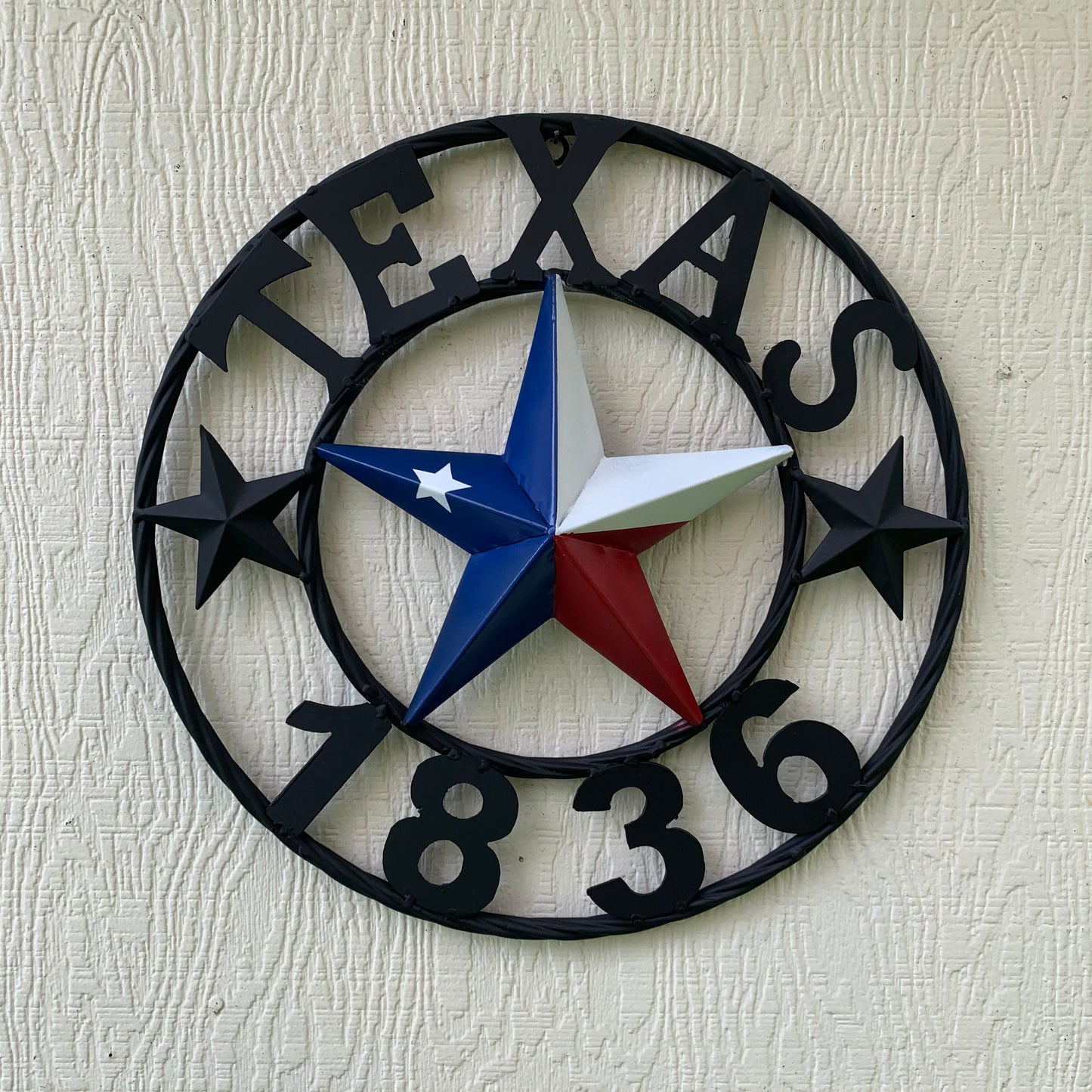 16" TEXAS 1836 RED WHITE BLUE TEXAS FLAG STAR & BLACK RING BARN STAR METAL WALL WESTERN HOME DECOR HANDMADE NEW ART