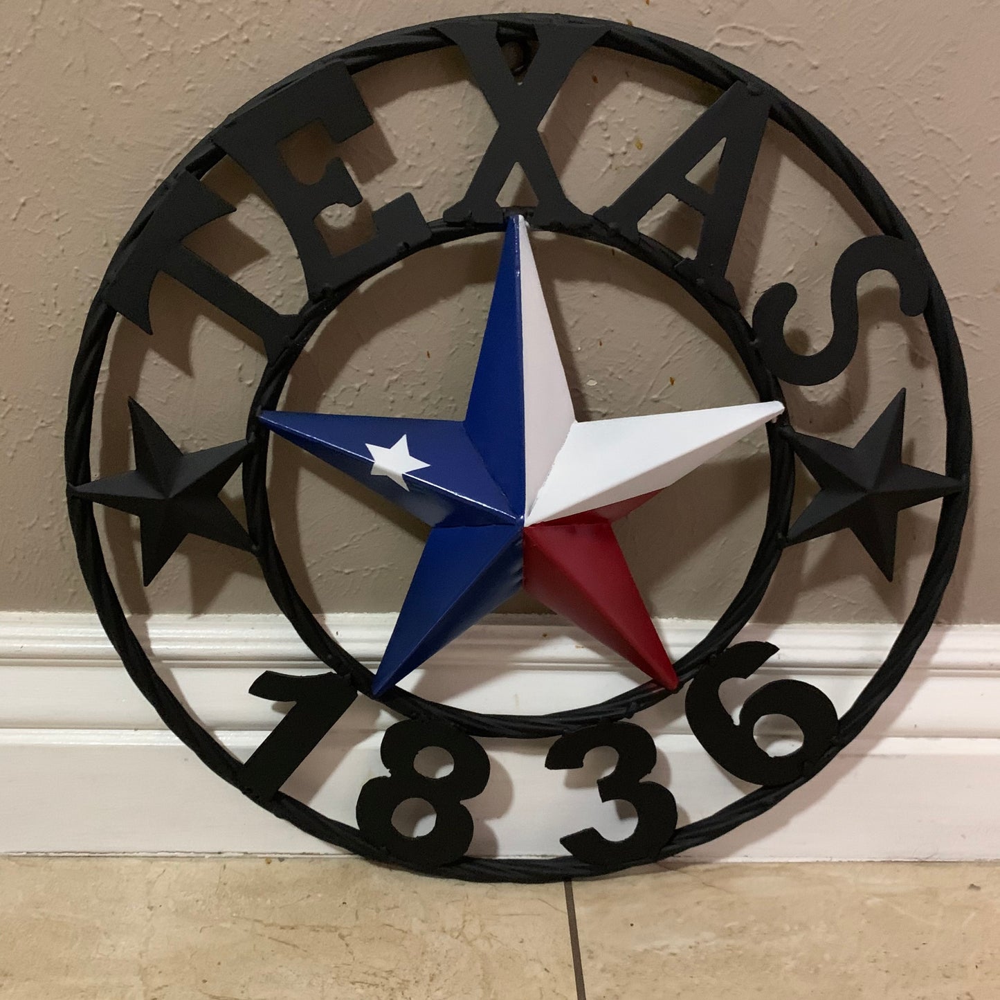 16" TEXAS 1836 RED WHITE BLUE TEXAS FLAG STAR & BLACK RING BARN STAR METAL WALL WESTERN HOME DECOR HANDMADE NEW ART