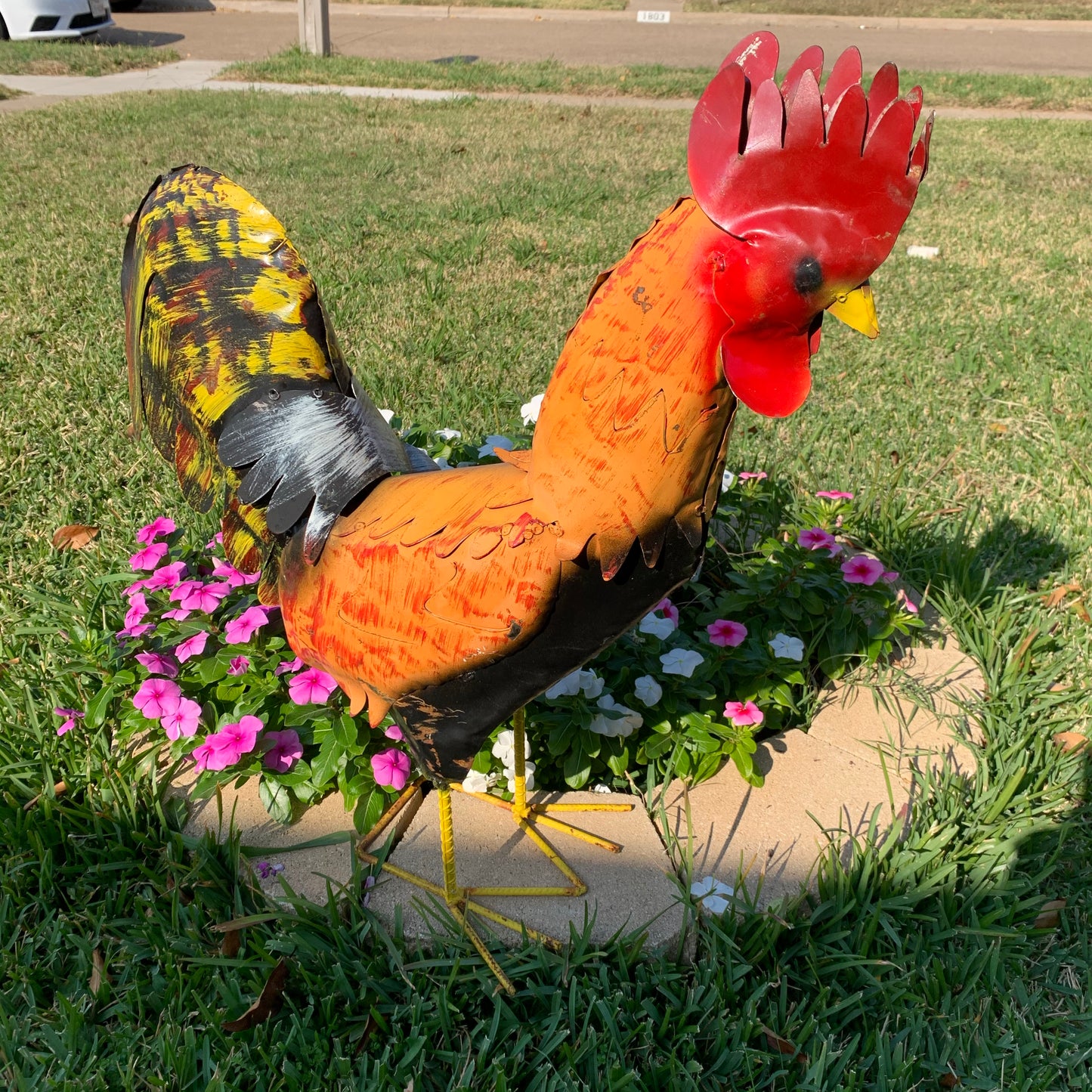 #34-025 RUSTIC ORANGE RED ROOSTER 18",30",40" GARDEN METAL ANIMAL SCULPTURE METAL DECOR ORNAMENT 16"L x 20" high