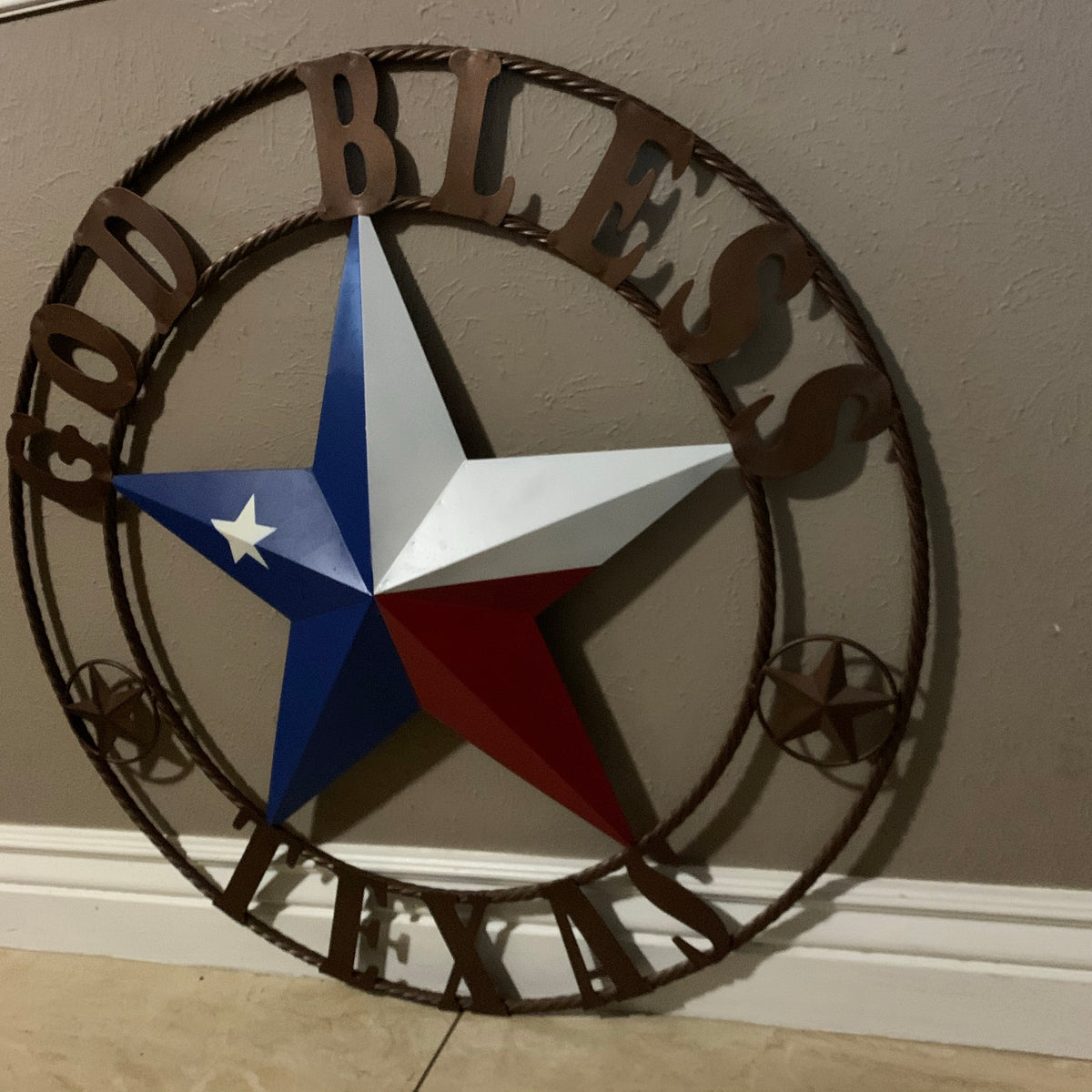 GOD BLESS TEXAS RED WHITE BLUE BARN METAL STAR BRONZE TWISTED ROPE RING WALL ART WESTERN HOME DECOR HANDMADE #EH11884