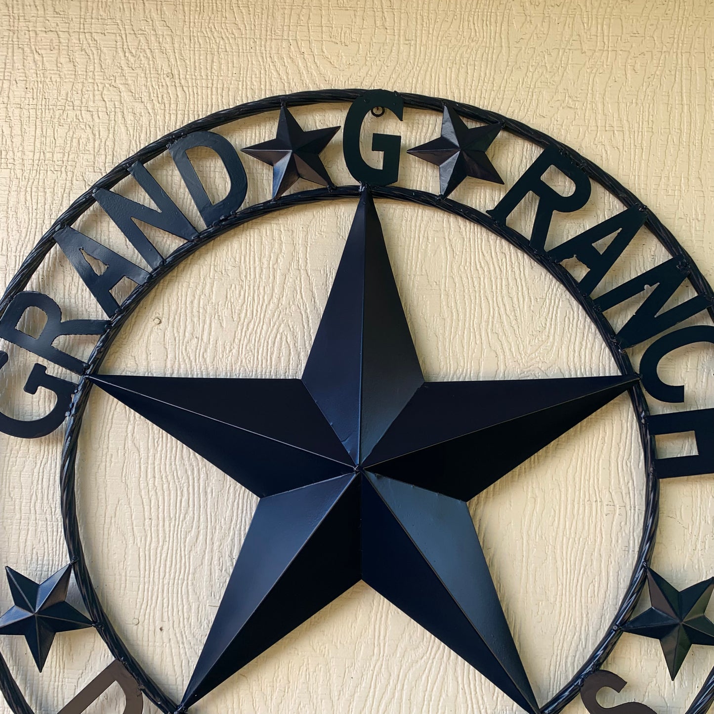 GRAND G RANCH STYLE CUSTOM NAME STAR RUSTIC NAVY BLUE METAL BARN STAR ROPE RING WESTERN HOME DECOR HANDMADE
