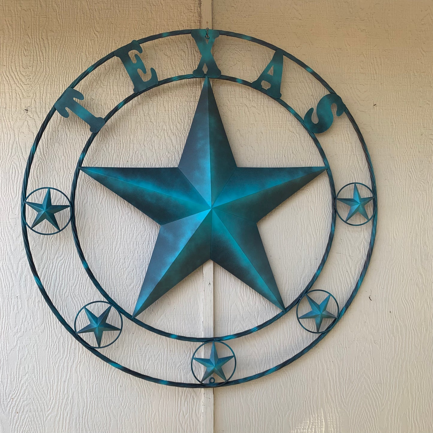 TEXAS LONESTAR TURQUOISE DISTRESSED TWO TONE METAL BARN STAR TWISTED ROPE RING WALL ART WESTERN HOME DECOR HANDMADE NEW #EH10483