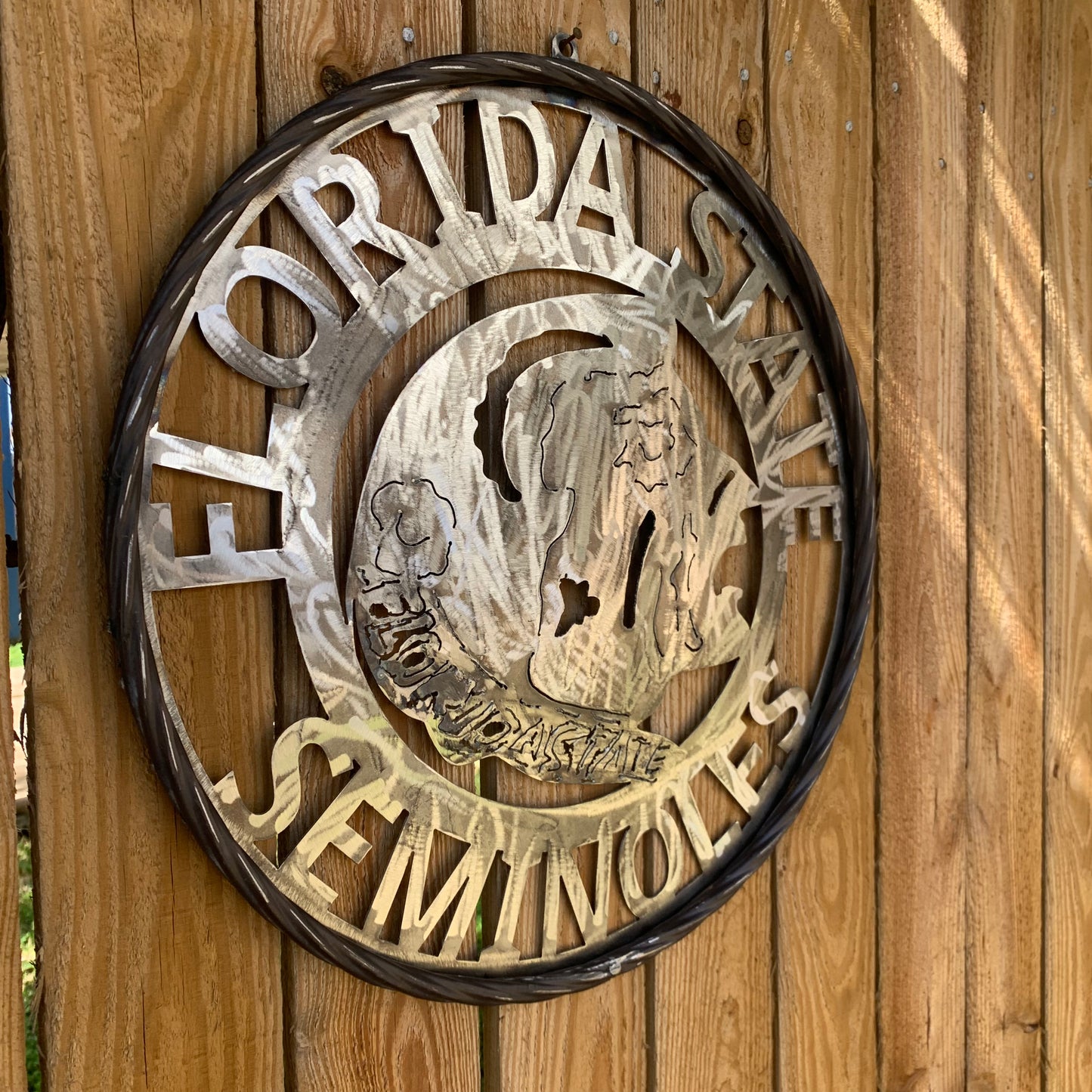 FSU FLORIDA STATE SEMINOLES INDIAN CUSTOM RAW METAL VINTAGE CRAFT TEAM SIGN HANDMADE
