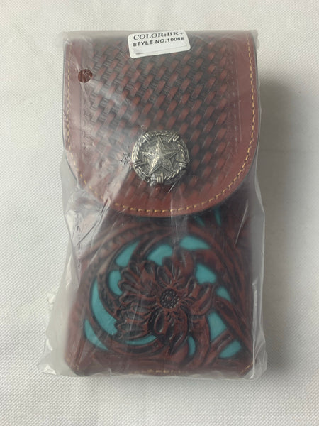 #LG1006 7" LONE STAR BLACK & TURQUOISE LEATHER POUCH EXTRA LARGE  BELT LOOP HOLSTER CELL PHONE CASE UNIVERSAL OVERSIZE--FREE SHIPPING