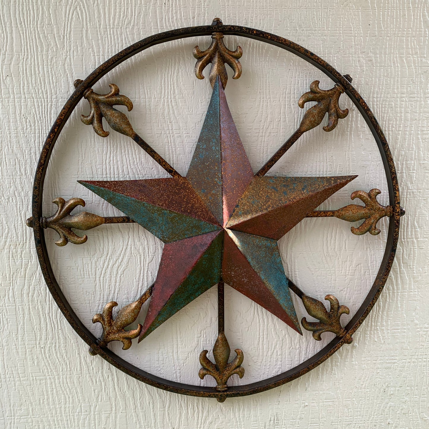 24" RUSTIC STAR & MULTI FLEUR DE LIS METAL WALL ART WESTERN HOME DECOR RED GOLD & TURQUOISE ART