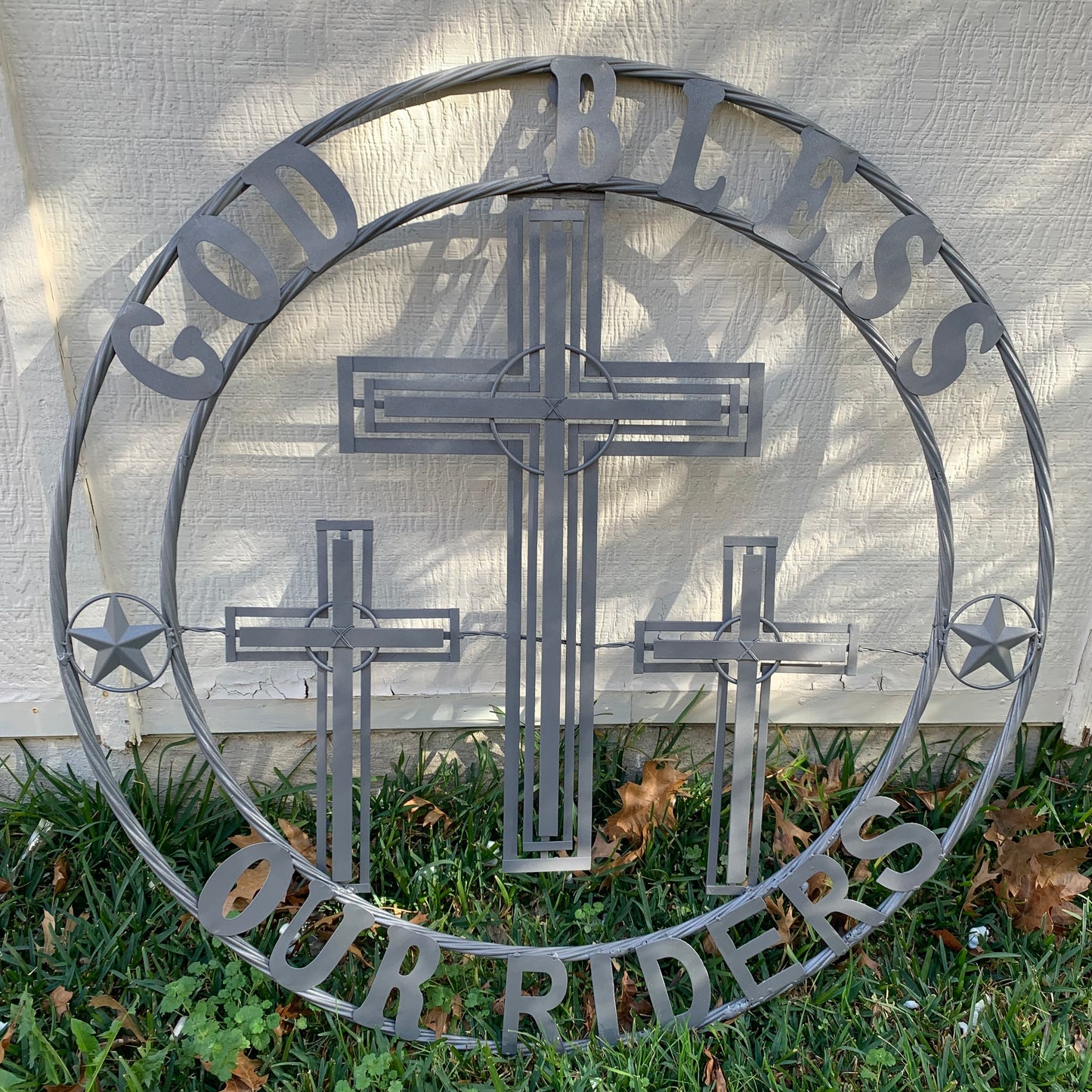 40"GOD BLESS OUR RIDERS CRUCIFIX GREY CROSS METAL WALL ART HANDMADE
