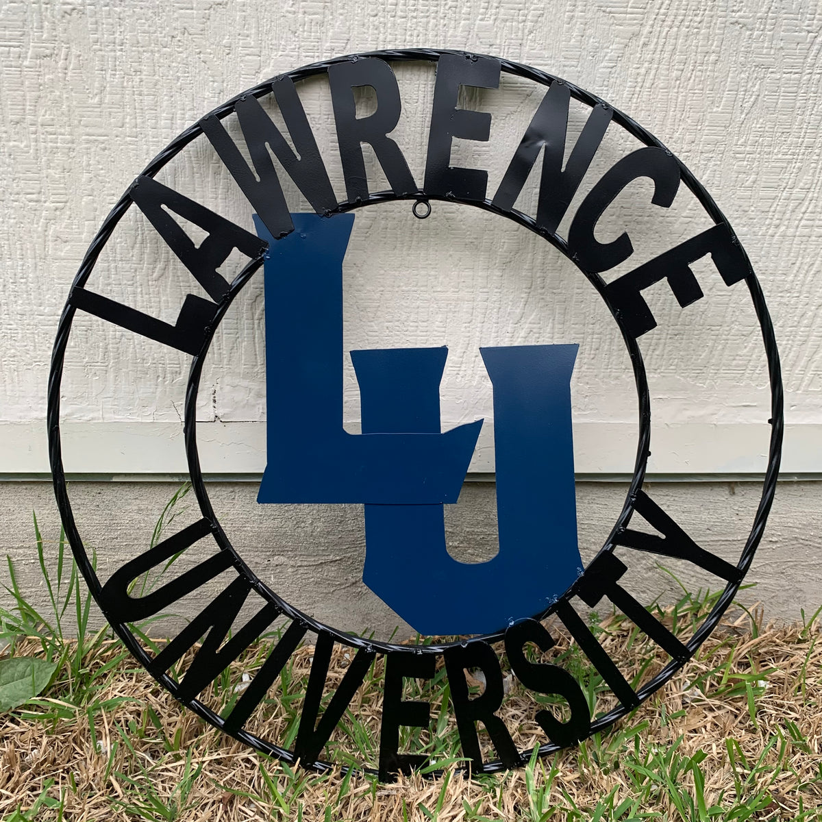 LAWRENCE UNIVERSITY METAL CUSTOM VINTAGE CRAFT WALL ART RUSTIC BLUE & BLACK TEAM SIGN HANDMADE