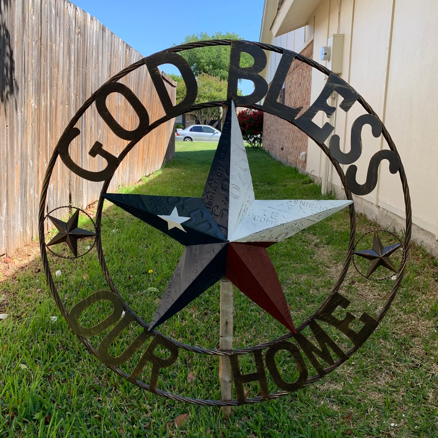 GOD BLESS OUR HOME LICENSE PLATE BARN METAL STAR ROPE RING WALL ART WESTERN HOME DECOR RED WHITE BLUE HANDMADE #EH12927