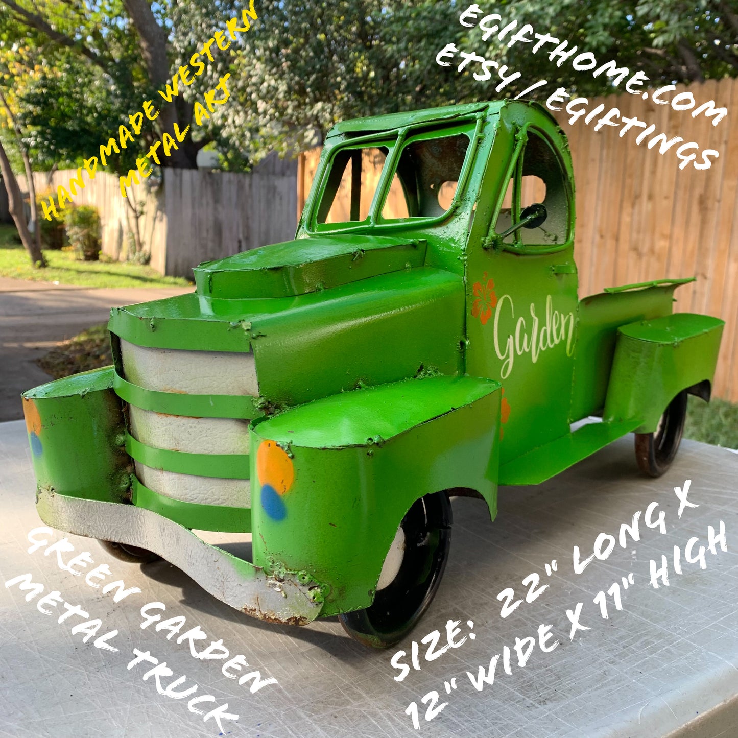 GARDEN GREEN 20" PICKUP TRUCK METAL ART GARDEN FIGURINE OUTDOOR & INDOOR GARDEN WESTERN HOME DECOR HANDMADE NEW SIZE 20"L x 10"W x 12" H #EH12523