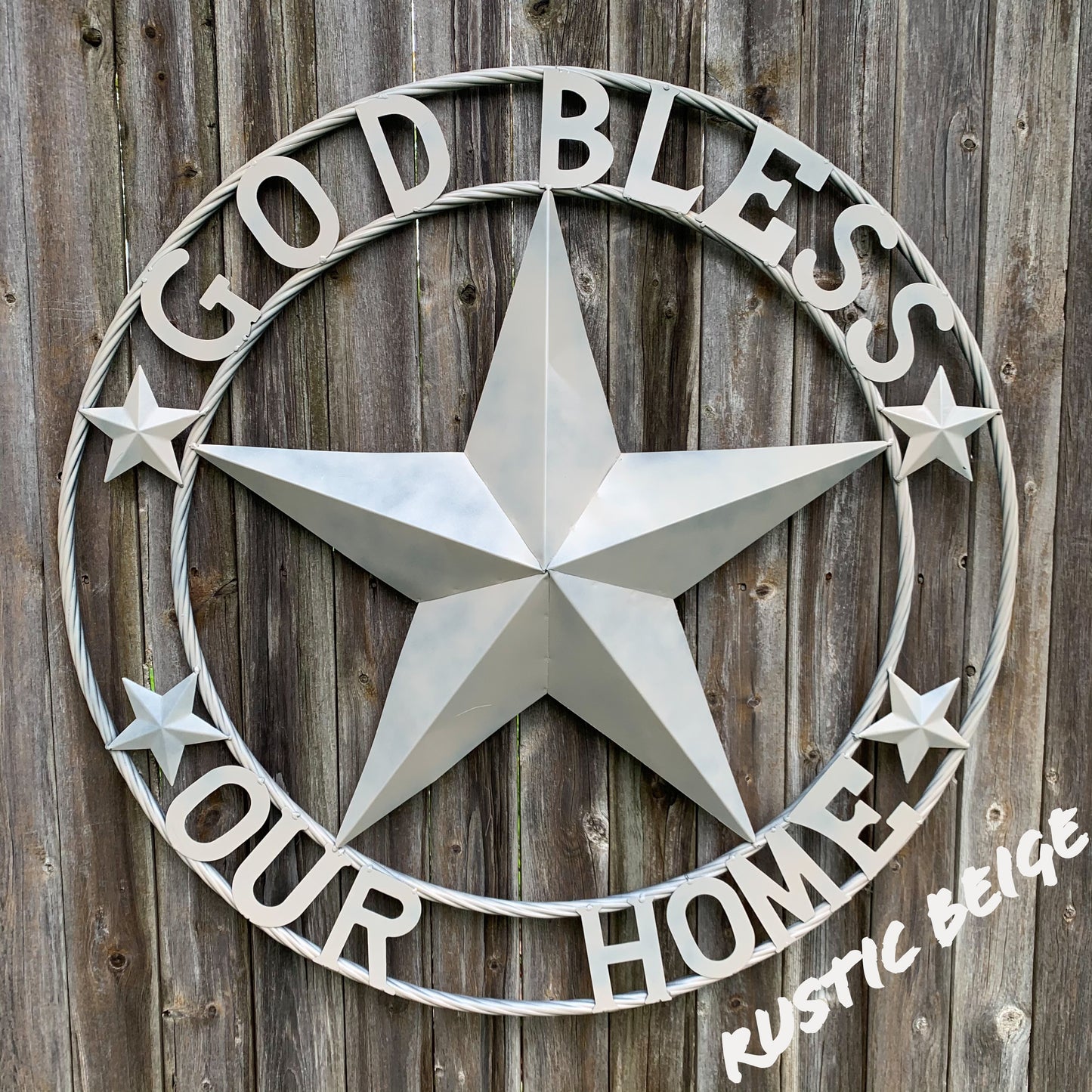 GOD BLESS OUR HOME RUSTIC BEIGE BARN METAL STAR ROPE RING WALL ART WESTERN HOME DECOR HANDMADE NEW #EH11686