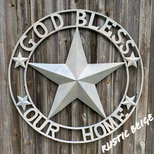 GOD BLESS OUR HOME RUSTIC BEIGE BARN METAL STAR ROPE RING WALL ART WESTERN HOME DECOR HANDMADE NEW #EH11686