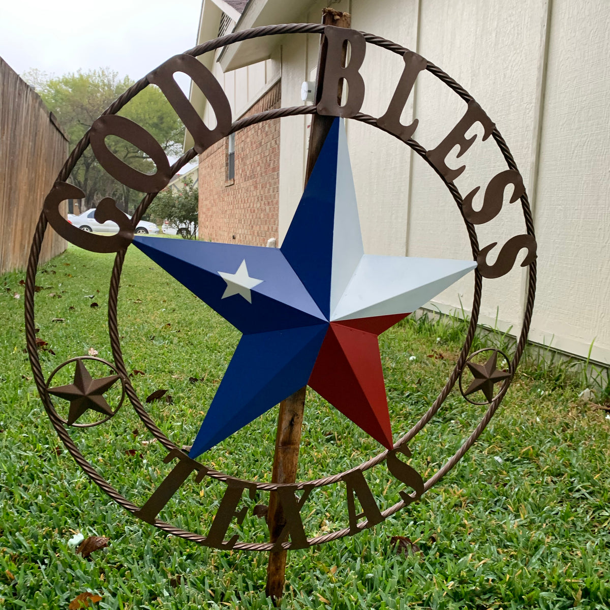 GOD BLESS TEXAS RED WHITE BLUE BARN METAL STAR BRONZE TWISTED ROPE RING WALL ART WESTERN HOME DECOR HANDMADE #EH11884