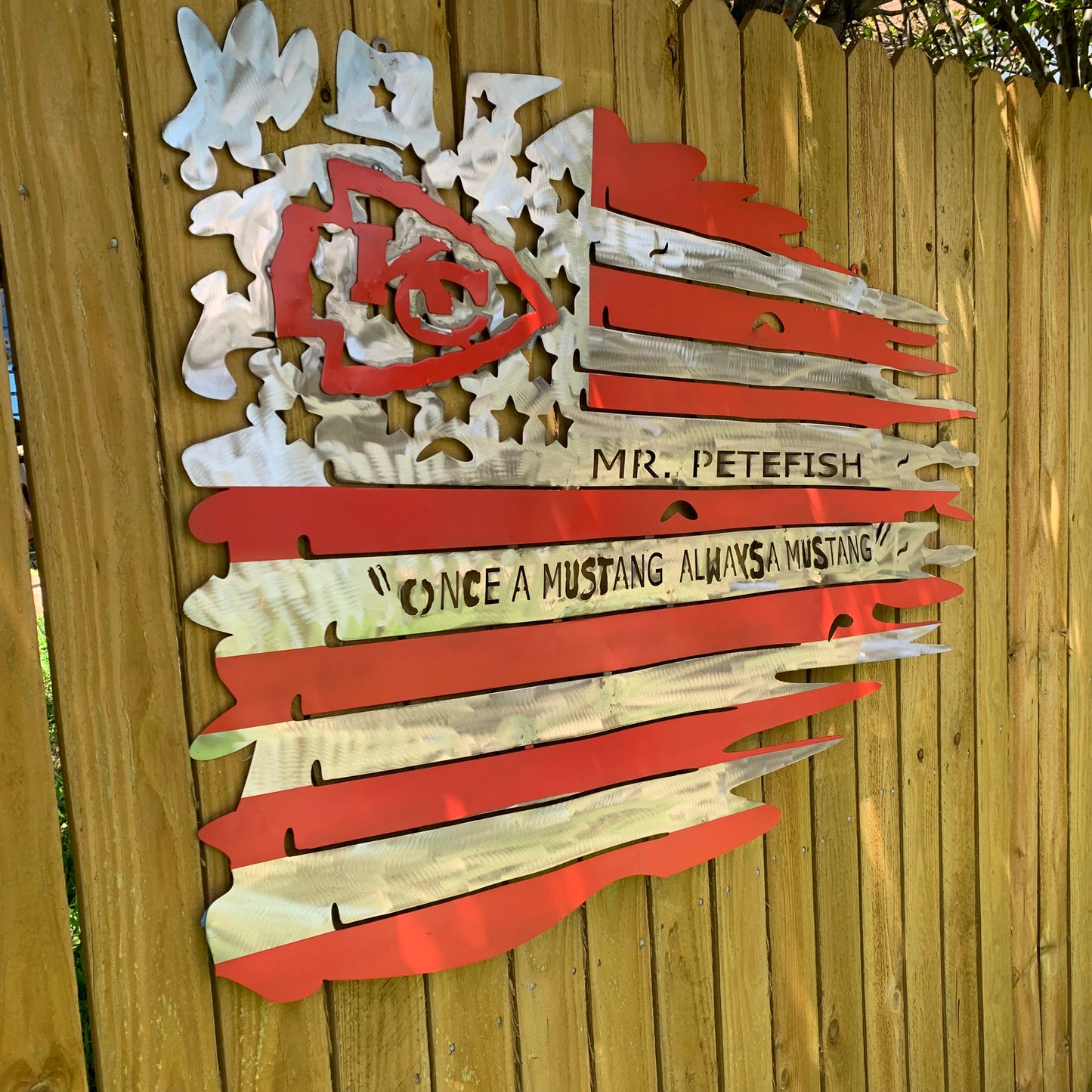 CUSTOM NAME KANSAS CITY CHIEFS METAL TATTERED FLAG CUSTOM VINTAGE CRAFT WALL ART HANDMADE